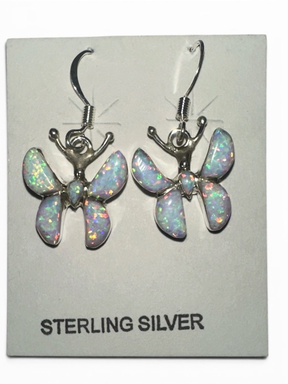 Sterling Silver Butterfly Earrings with White Opal